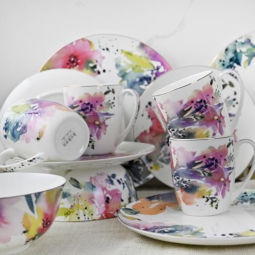KOKEN-16-Piece-Dinnerware-Set-Service-for-4-fine-bone-china-with-design-Water-Flower-collection-Pink-Ideal-for-special-occasions-or-every-day