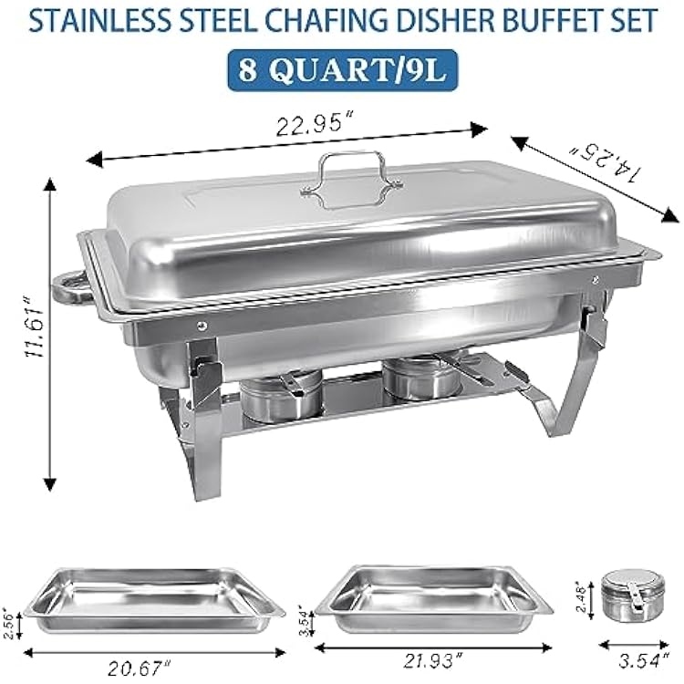 4 Pack Chafing Dish Buffet Set High Grade 8QT Stainless Steel Chafer Complete Set, 8 QT, Alpine Gray Handle, Silver