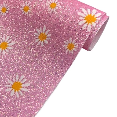 Tissu similicuir pailleté marguerite rose à gros motifs floraux lumineux
