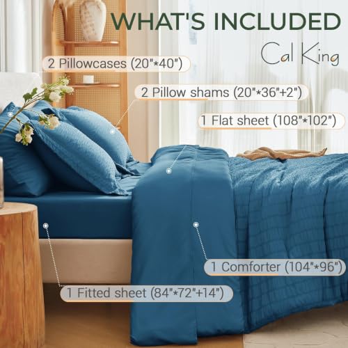 Image of MUXHOMO 7 Pieces California King Comforter Set, Seersucker Bed in a Bag Cal King Size, All Season Luxury Bedding Set with Comforter, Flat Sheet, Fitted Sheet, Pillowcases & Shams, Teal