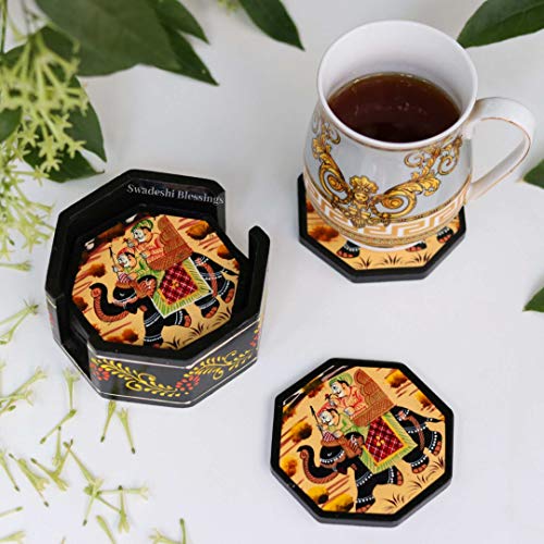 Image of Swadeshi Blessings Wooden Octagonal Coffee /Tea Coasters Set- Handcrafted & Hand-Painted for Kitchen /Table & Home Decor /Dinning /Gifts /Restaurants /Living Room /Coffee Table (Set of 6) (Black)