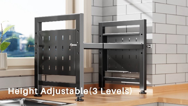 Expandable Kitchen Cabinet Shelf - Adjustable Microwave Rack With Hooks & Chopping Board Holder, No Drill Needed