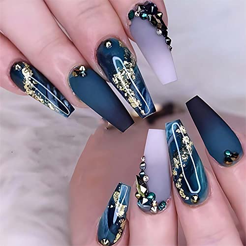Coffin Press On Nails Long Fake Nails With Nail Glue Navy Blue False Nails With Rhinestone Designs Full Cover Stick On Nails Acrylic Artificial Gradient Nails For Women Nail Decorations #TOP11