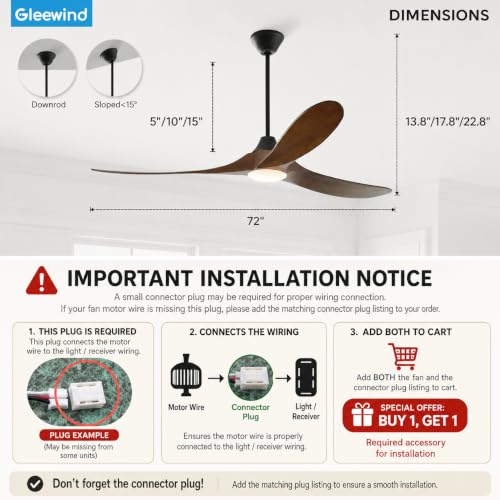 Image of 72 inch Outdoor Ceiling Fan with Lights-Glass Lamp, Large Damp Rated Wood Propeller Blades for Big Patios & Porch, Smart APP and Remote Control, 3 Blades Dimmable LED Ceiling Fans, High CFM-Walnut