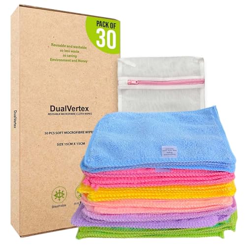 DualVertex 30 Reusable Baby Wipes Microfiber Face Cloth Washable, Reusable, Multipurpose, Unscented...
