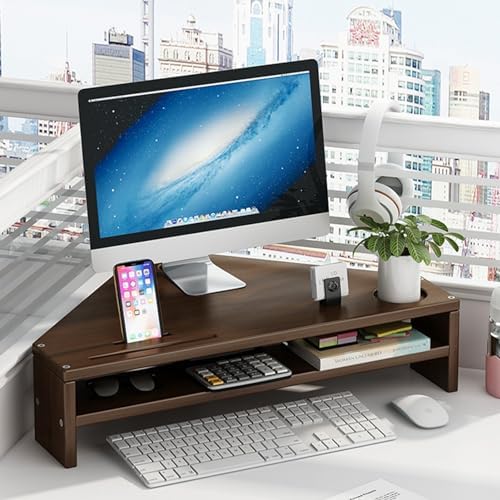 Corner Monitor Stand - Double-Layer Wood Triangle Riser for Office - Universal Computer Screen Holder with Storage - Elevate Your Workspace & Maximize Desk Space
