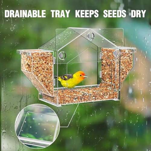 Window Bird Feeder with Strong Suction Cup and Self-Adhesive, Clear Birdfeeder for Window Larger Viewing, 6.8\" Squirrel-Proof Bird Watching with Large Food Storage Design for Outdoors Cats - Thumbnail 6