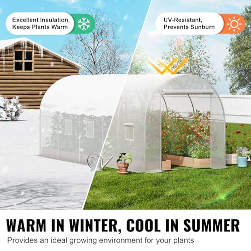 Image of VEVOR Walk-in Tunnel Greenhouse, 14.6x6.4x6.3 ft Hoop House Greenhouse Tunnel, Plant Hot House with Galvanized Steel Frame, White PE Cover, Roll-up Zipper Door and 8 Windows for Outdoor