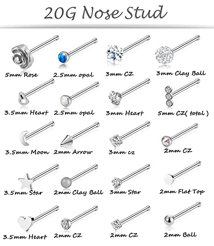 Tornito 20G 20Pcs Nose Ring Cz Nose Stud Retainer Bone Labret Nose Piercing Jewelry Set Stainless Steel Silver Tone #TOP2