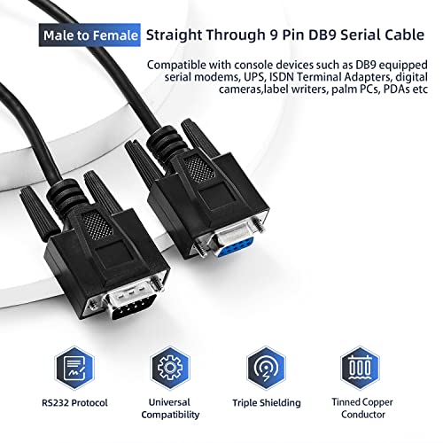 Phyinlan PHYDB9F2M Straight Through Db9 Rs232 Serial Cable, 6Ft Male To Female 9 Pin Straight Through Extension Cable thumb #1