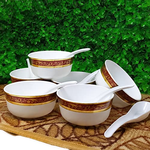 Sarthak Uphaar Plastic Floral Microwave Safe Soup Bowl – Set Of 12 Pieces (6 Bowl, 6 Spoon , White Tulip Border)