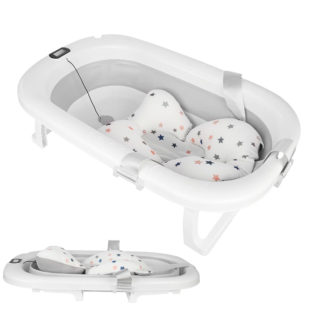 Baignoire Bebe Pliable avec Thermometre Digital, Coussin, Prise Pommeau de Douche, Gris 80x50x23cm 0-24 Mois