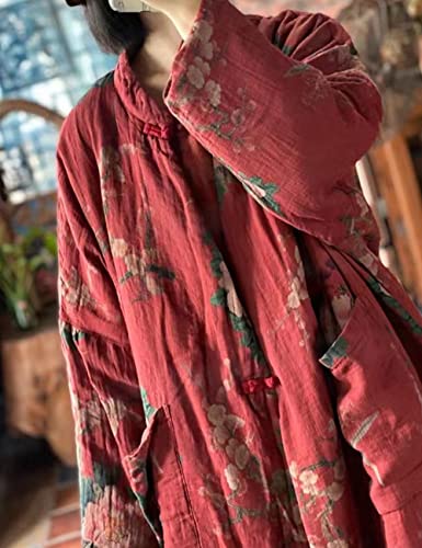 NFYM Women Cotton Jacket Kimono Soft Quilted Flower Printed Long Loose Outwear Coats with Pockets (as1, alpha, one_size, plus, regular, Red)4