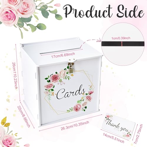 Image of OurWarm PVC White Wedding Card Box with Lock, DIY Gift Card Box for Wedding Reception, Pink Rose Wedding Money Envelope Box for Party Graduation Birthday Baby Shower Decorations