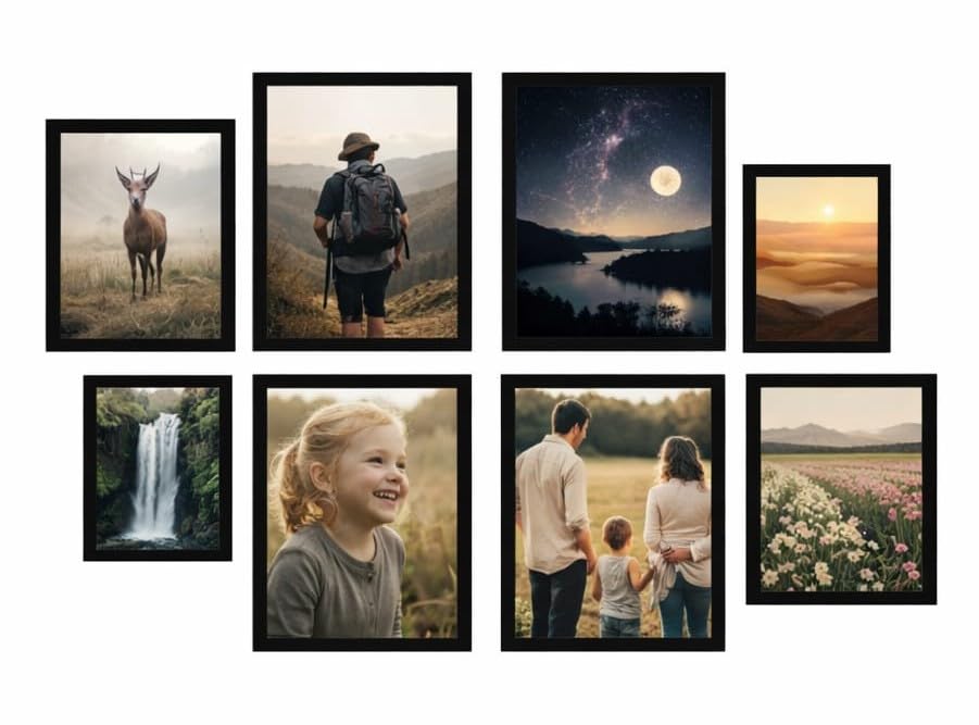 BH | Set of 8 Photo Frames Black | Four 8 x 10 Inches, Two 4 x 6 Inches, Two 5 x 7 Inches |MFD Wood |Wall Mounting Picture Frames for Living Room, Bedroom, Office & Home Décor - By Best House