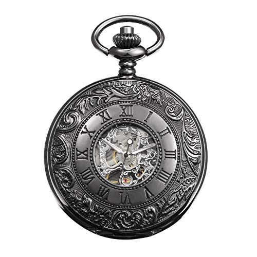Image of TREEWETO Men's Mechanical Skeleton Pocket Watch for Mens Women Blue Roman Numerals Dial Double Case Pocket Watches