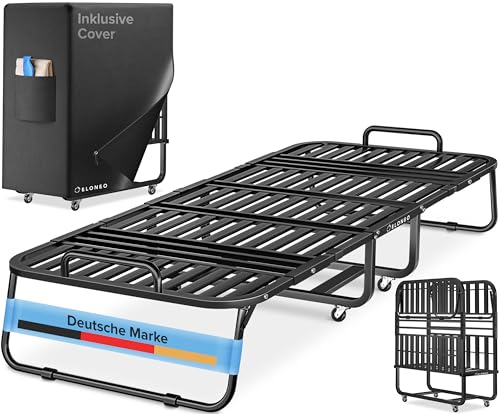 ELONEO Klappbett 90x200 cm | Gästebett klappbar, belastbar bis 250kg | faltbares Reisebett mit Metallrahmen und Transportrollen | Schrankbett inkl. Schutzhülle