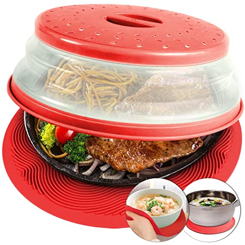 2 in 1, Aidacom Microwave Splatter Cover for Food & Silicone Microwave Mat, Mat as Bowl Holder, Trivet, Pot Holders, Drying, Baking, Utensils Rest for Kitchen Counter, Dishwasher Safe, Red