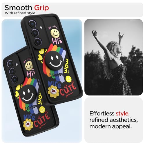 Image of Pikkme Back Cover for Samsung Galaxy S24 5G | Soft Silicone| Cute Rainbow Smile & 3D Cartoon Flower Design | Shockproof Raised Camera Protection Bumper Case (Black)