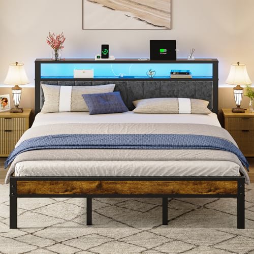 Image of Liians King Size Platform Bed Frame with LED Lights, Grey Upholstered Headboard with 2-Tier Storage Shelves, Charging Station, Noise Free, No Box Spring Needed, Easy Assemably