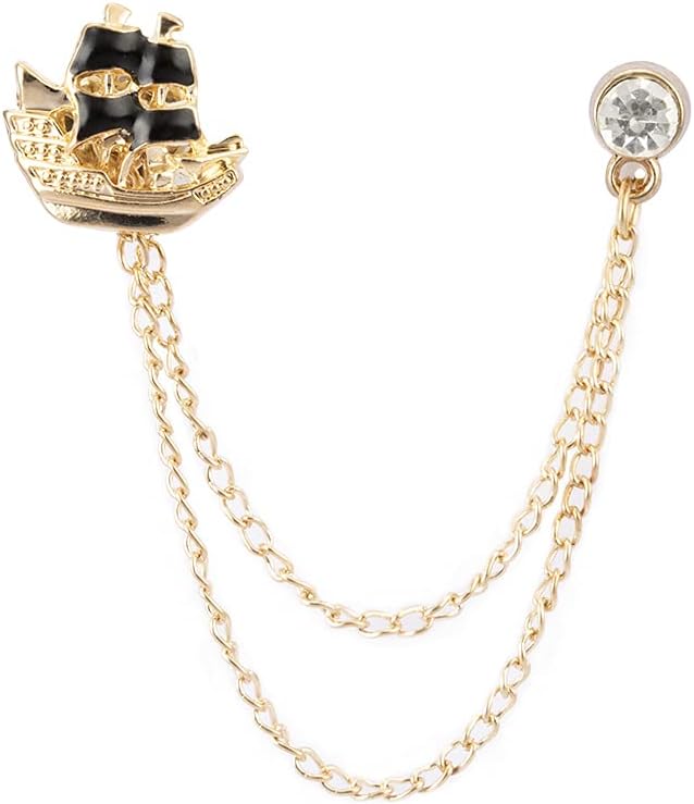 A N KINGPiiN Black and Gold Ship with Hanging Chain and Stone Detailing Lapel Pin Badge Coat Suit Wedding Gift Party Shirt Collar Accessories Brooch for Men,A25