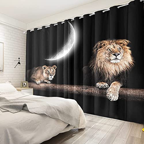 African Lion Leopard Blackout Curtains, Wild Animals 3D Printed Drapes, Window Curtain Panel Set Of 2 With Grommet Top For Bedroom Living Room (108" W X 84" L) #TOP2