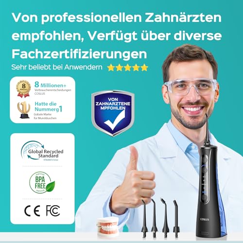 COSLUS C50 Munddusche Elektrische Kabellos Testsieger 2026: 20 Wasserdruck IPX7 Wasserdicht Präzise Anti-Spritz Technologie 4 Modi für Oral Health Enthusiasten Tägliche und Reisen 5Intensität