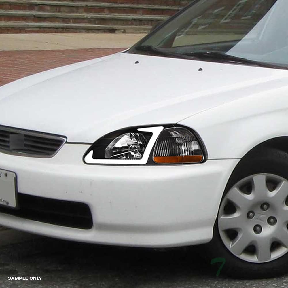 7422450055042 Compatible With 1996-1998 Honda Civic DRL LED Strip Bar Black Housing Headlights With Amber Reflector