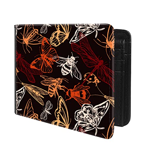 (Flying insects bugs, butterflies, dragonfly, moth, ladybug, bees-1 Front Pocket Slim Bifold Leather Wallet RFID Blocking with ID Window for Men