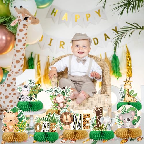 Image of Wild One Birthday Decorations Jungle Baby Shower Honeycomb Centerpieces for Boys and Girls,8 Pcs Safari Centerpieces and Confetti Table Decorations, Safari Jungle Animals Party Decor