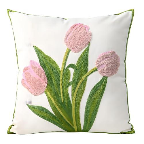 Image of TAOSON Pack of 2,Pink Tulip Flowers Pattern Embroidered Throw Pillow Cover,Cotton Canvas Cushion Covers, Spring Farmhouse Decor, Valentine's Day Gift Square Farmhouse Floral Pillow Case 18" x18"