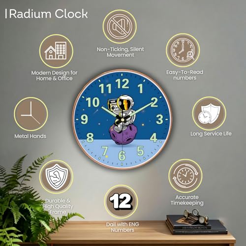 Image of WHISKET - 12 Inch | Luxury Designer Radium Wall Clock with Night Glow Numbers - Silent Analog Clock with Elegant Floral Design for Living Room, Bedroom & Office Decor. (Radium Radio)