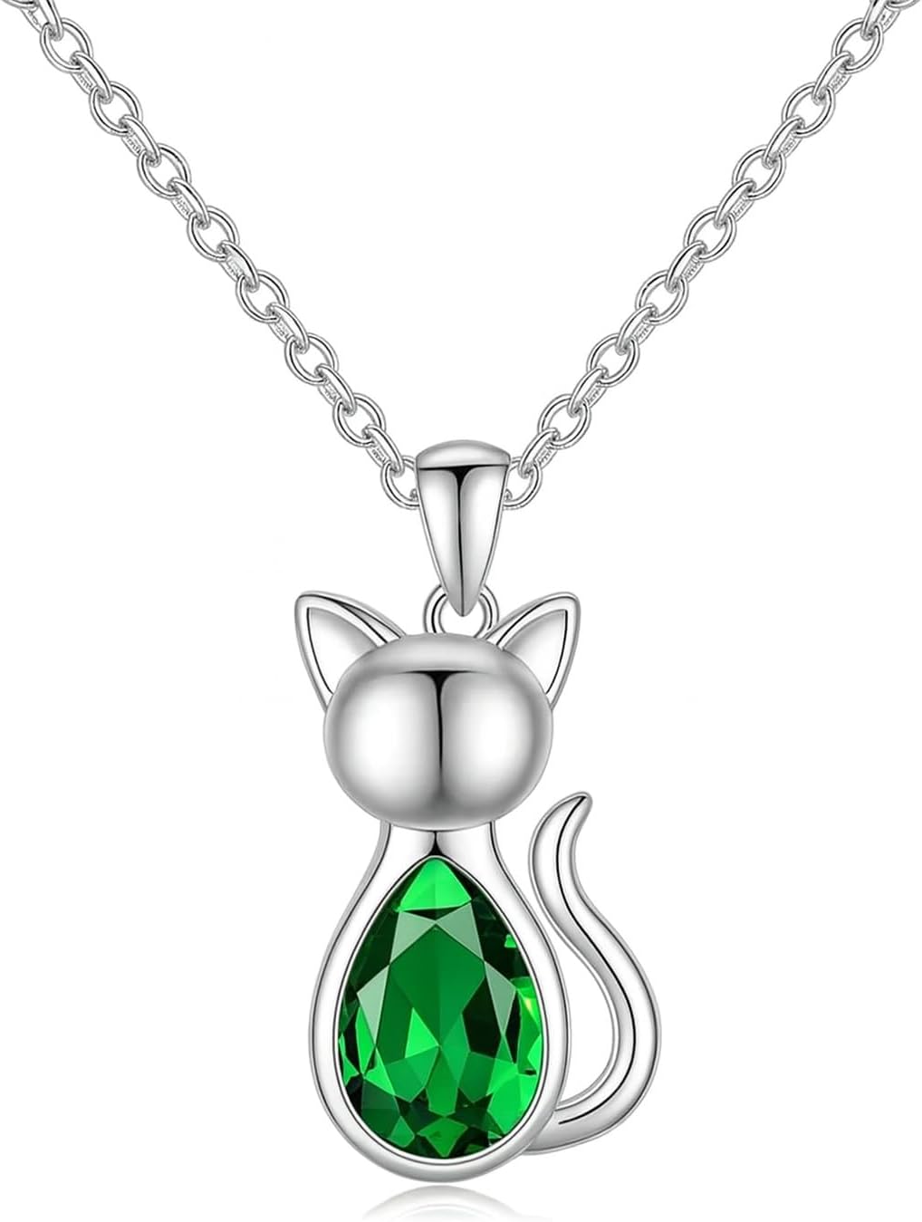 Crystal Cat Pendant Necklace, Silver Chain with Sleeping Cat Design, 17.7 inch Length