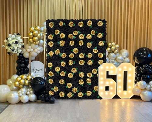 Image of Artificial Flower Wall Backdrop Panels Black Gold 5ftx3.74ft White Rose Halloween Backdrop 3D Floral Wall for Valentine's Day Party Event Photoshoot Background Decorations