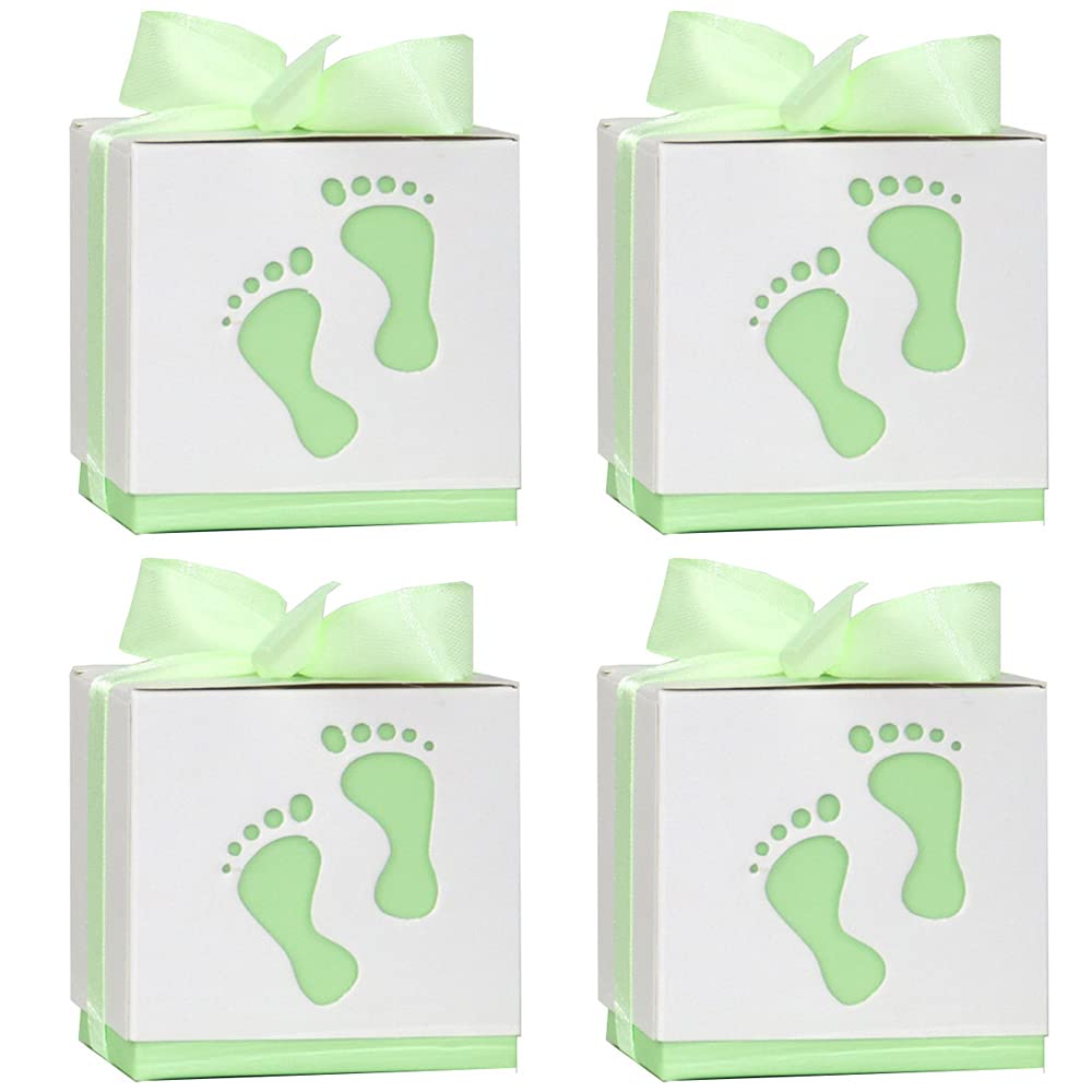 100 cajas de regalo, caja de dulces con huella de bebé, caja de bautizo de bebé con cinta, caja de bombones, caja de regalo para baby shower, cumpleaños, boda, bautizo, nacimiento, fiesta, verde