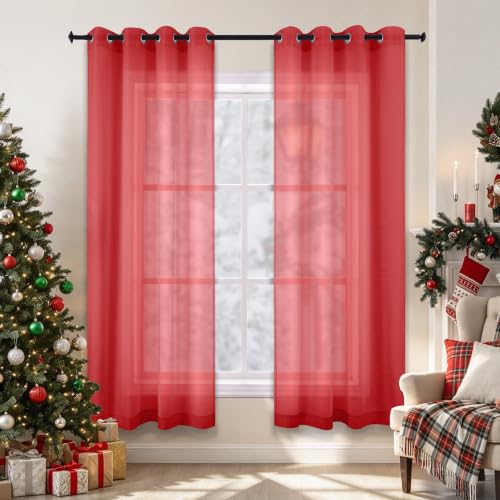 KOUFALL Red Curtains 72 Inch Length 2 Panels for Living Room Grommet Sheer Window Panels for Bedroom 52x72 Inches Long