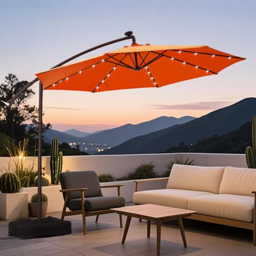 Ayge 10ft Offset Solar LED Cantilever Umbrella – Durable UV-Resistant Outdoor Patio Umbrella with Easy Tilt for Backyard, Pool & Lawn (Base Included