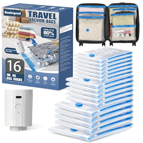 BoxLegend 16PCS Sacs Sous Vide Voyage avec Pompe Électrique USB, Épais et Imperméables, Économisez 70% d'Espace, Adaptés aux Valises et Sacs à Dos, 4 Tailles Différentes (70x50/55x45/50x40/40x35cm)