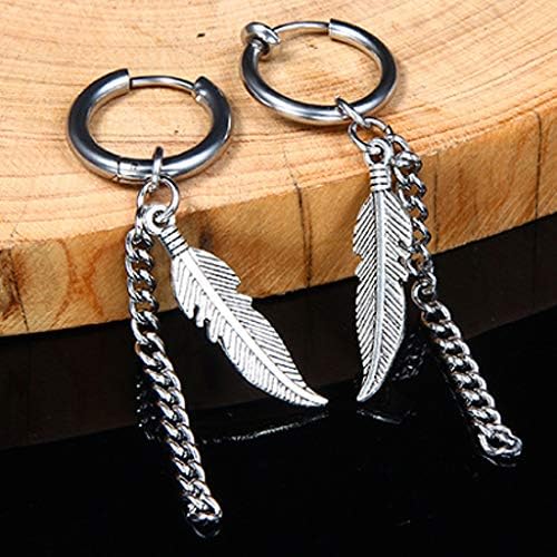 JZZJ Feather Punk Hoop Earrings Stainless Steel Leaf Huggie Stud Earrings Hinged Unisex Piercing Jewelry 1 PAIR,Long Chain Dangle EarringsFeather Silver 1 Pair