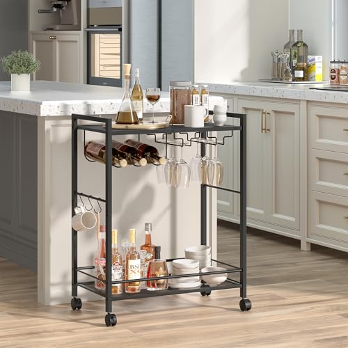 Image of Joaxswe Bar Cart, Home Bar Serving Cart with 2-Tier Shelf,Rolling Beverage Cart with Wheels,Mobile Kitchen Shelf,Modern Black Wine Drink Cart with Wine Rack and Glass Holder for Kitchen,Dinning Room