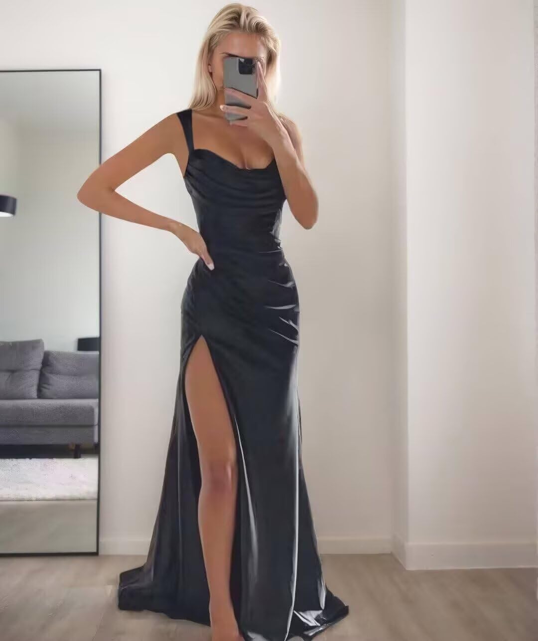 Women's Ruched Satin Prom Dress Long Spaghetti Strap Mermaid Bridesmaid Formal Gown with Slit