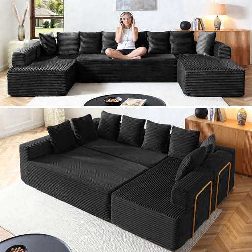 Image of Oversized Cloud Boneless Couch with Chaise, 145 inch Modern U Shape Modular Deep Seat Sectional Sofa, Comfy Corduroy Upholstered Couches for Living Room, No Assembly Required, Black
