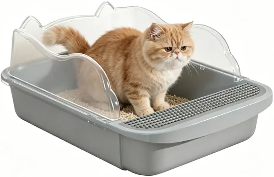 Caixa de Areia para Gatos Modelo Grande, Caixa de Areia Grande com Pá Para Areia, Borda Alta Anti-vazamento, Design Minimalista Fácil de Limpar, Cinza