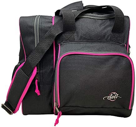 SaVi Single Deluxe Bowling Tote Bag Black/Pink Holds 1 Bowling Ball, 1 Pair of Bowling Shoes and A Front Accessory Pocket
