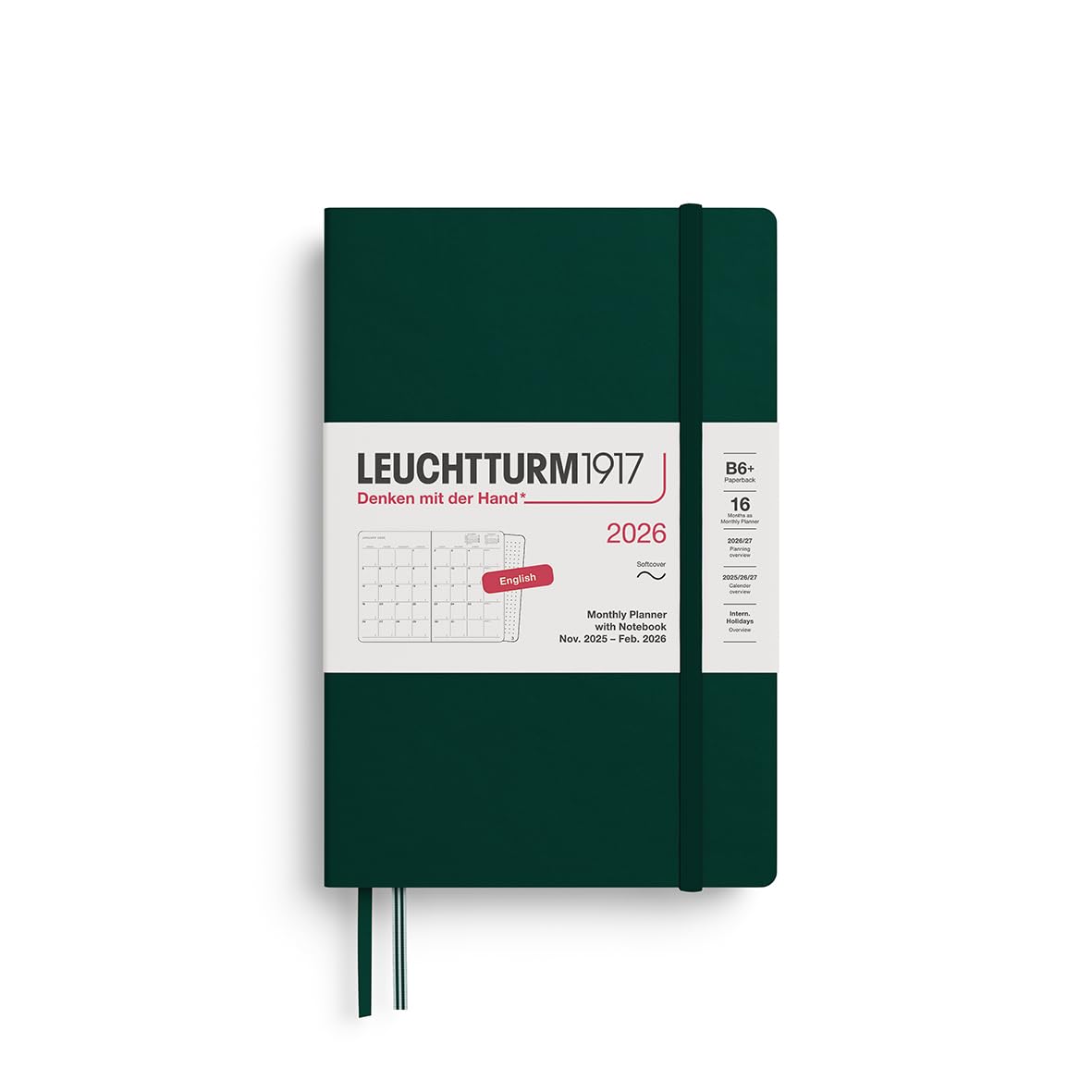 LEUCHTTURM1917 372794 Monthly Planner with Notebook Paperback (B6+) 2026, 16 Months, Softcover, Forest Green, English