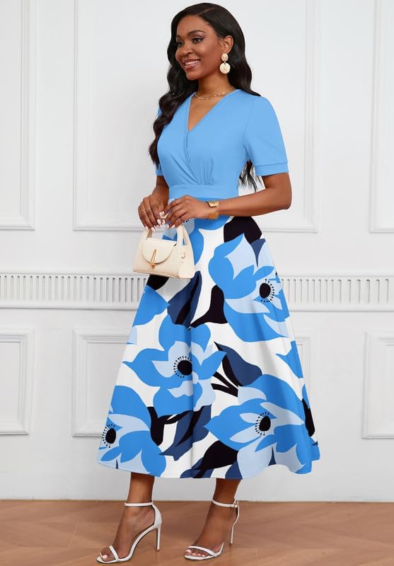 Image of MarryUP Women's Midi Dresses - V Neck Cocktail & Church Tea Dresses - Short Sleeve A-Line Swing Dress