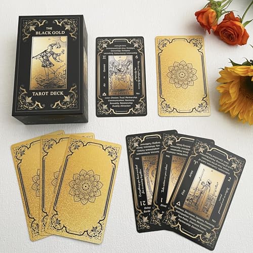 Qcsdckot Black Gold Tarot Cards Set, Beginner\'s Tarot Cards with Meanings, Gold Gilded Edges Deck with Guide Book