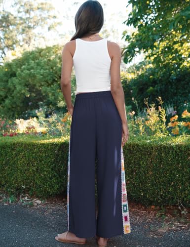 Image of TARSE Womens Wide Leg Linen Pants Summer Casual Drawstring Loose Lounge Palazzo Crochet Panel Pant with Pocket