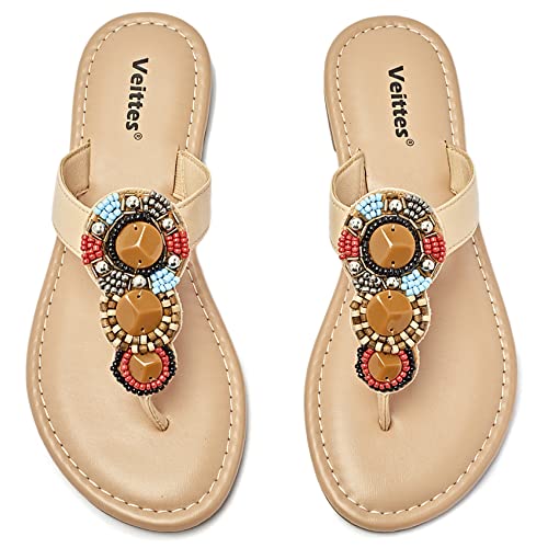 Veittes Women's Slide Sandals - Comfortable Beaded Casual Bohemian Thong Summer Shoes.(7011-1,Br/Pu,7) #TOP13