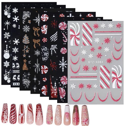 FOSDICK 8 Sheets 3D Embossed Christmas Nail Art Stickers Decals Christmas Nail Stickers Xmas Nails Art Sticker Snowflake Reindeer Snowman Xmas Tree for Children Kids Adults